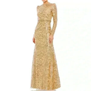 Mac Duggal Sequin Lace Crew Neck Long Sleeve Gown Size 12 NWT